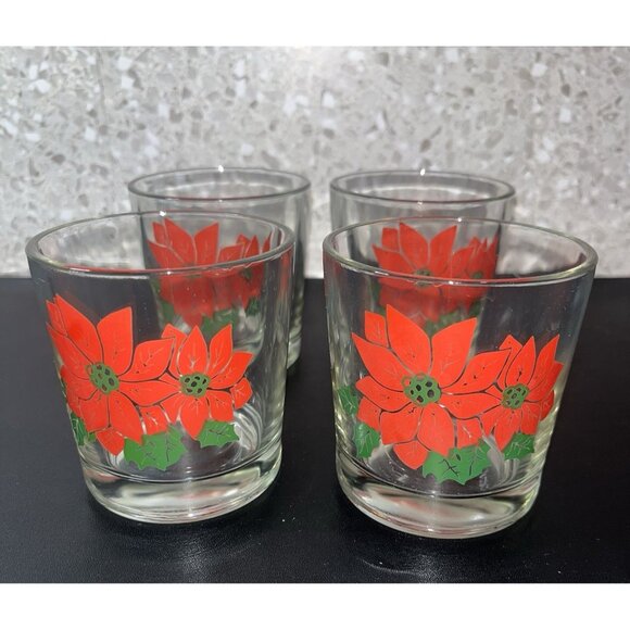 ROCKS Glasses Barware Mid Century Poinsettia Vintage Set of 4 Christmas Cocktail - Picture 1 of 6